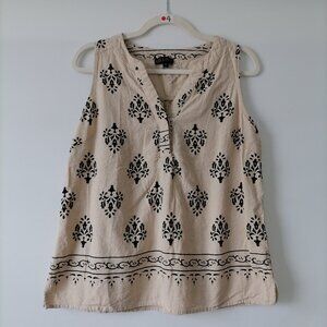Rise & Thyie Womens Beige Damask Print Sleeveless V-Neck Linen Blouse Top Size M
